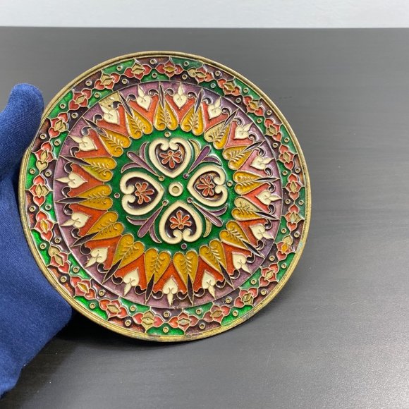 Vintage Ornate Enamel & Bronze Wall Ornament Plate, Smaltotex, Boho Chic Decor, - Picture 4 of 10